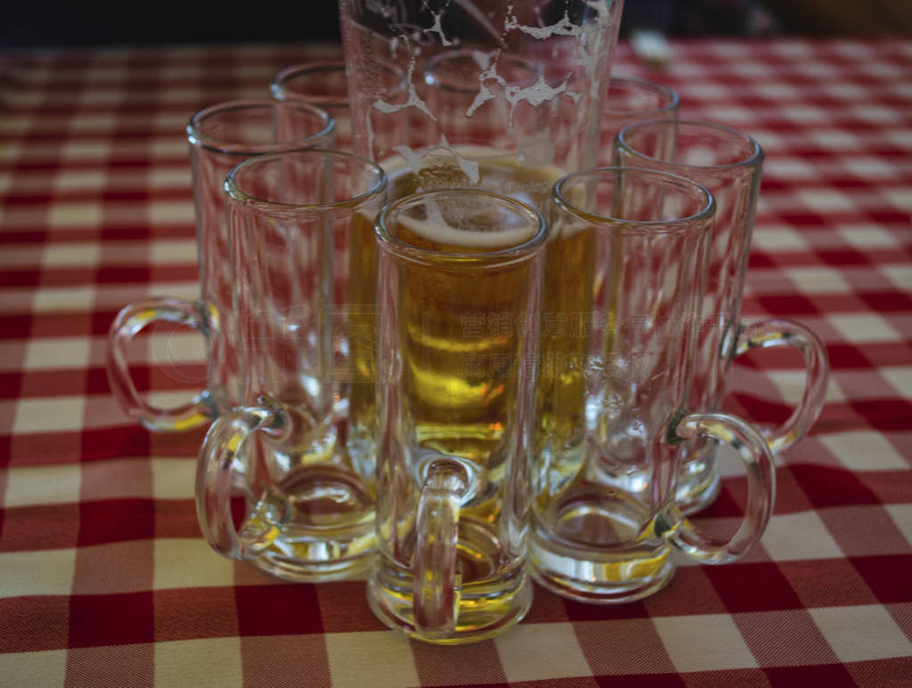 Hungarian palinka alcohol shot glass kept in a pattern around a