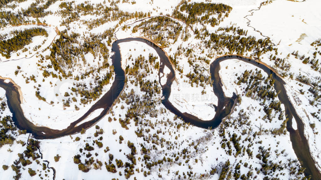 Winding river leads through a forest in winter with snow on the