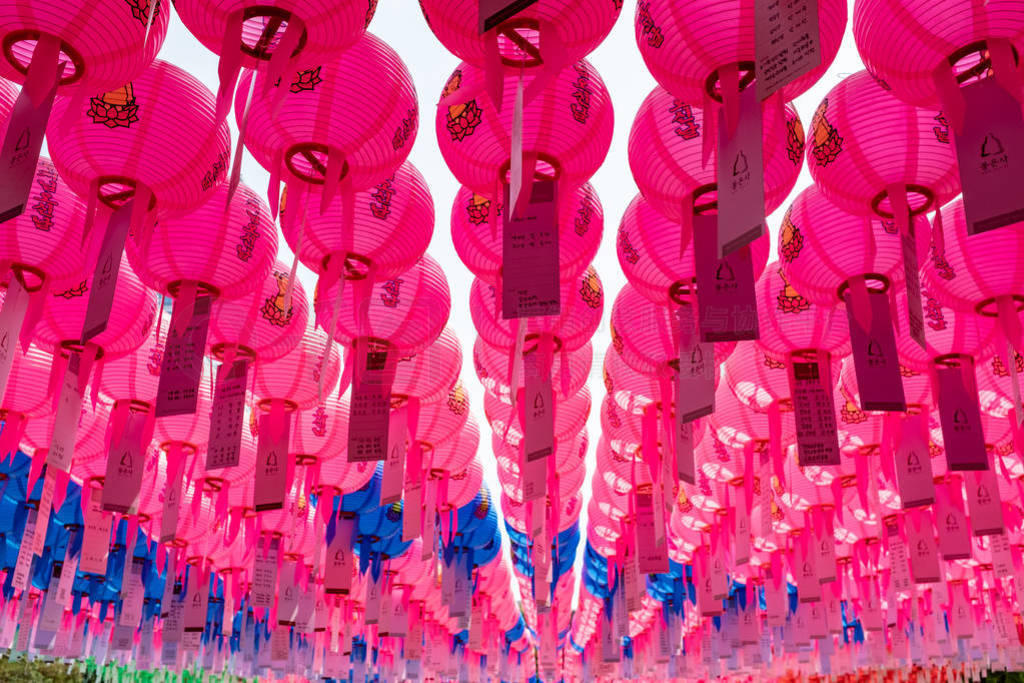 Close-up of mostly pink and some blue lanterns at the Bongeunsa