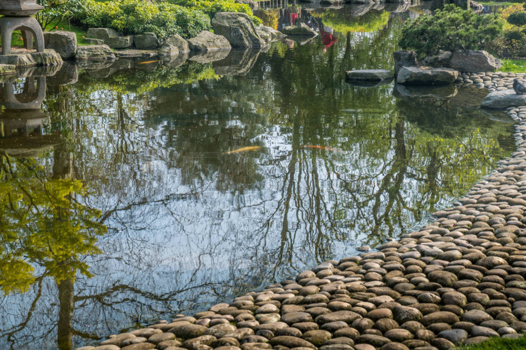 Japanese garden decorated with Japanese stone lanterns, flowers