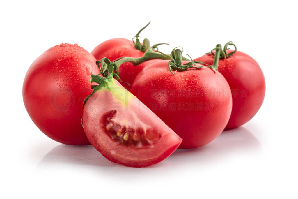 Tomatoes isolated on white. Tomato with drops. isolate on white