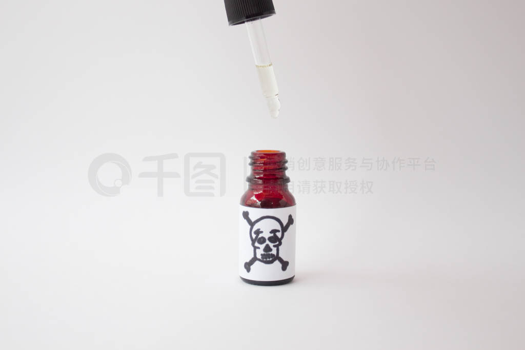 bottle with poison and a sign of death. drop of poison on a med