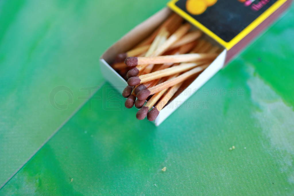 Matches in box, green background. Macro photography