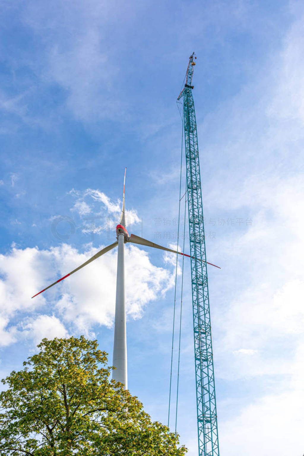 A large wind farm with many wind turbines is built near a small