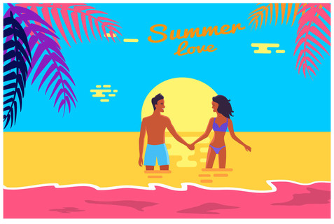 快乐情侣的夏日爱情海报站在海上