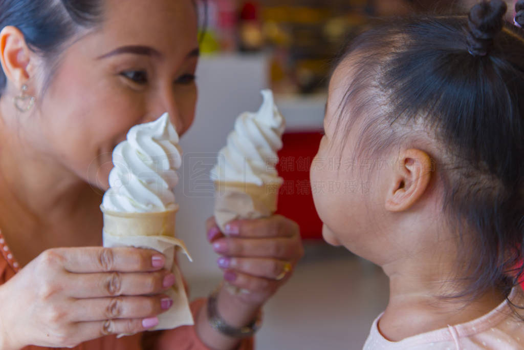 Mom and little child eating ice scream cone together . feeling