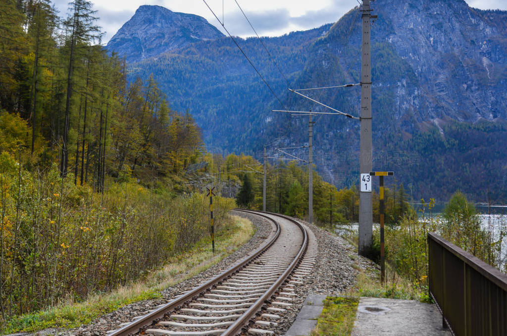 Empty railway tracks in Hallstatt, Austria