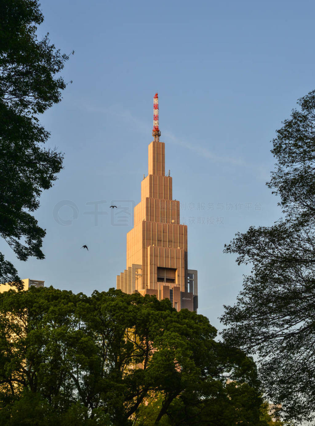 Rooftop of golden tower with many trees