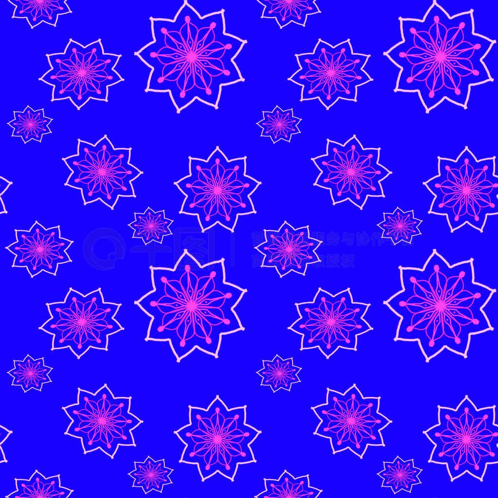 Seamless repeat pattern with pink flowers on blue background.