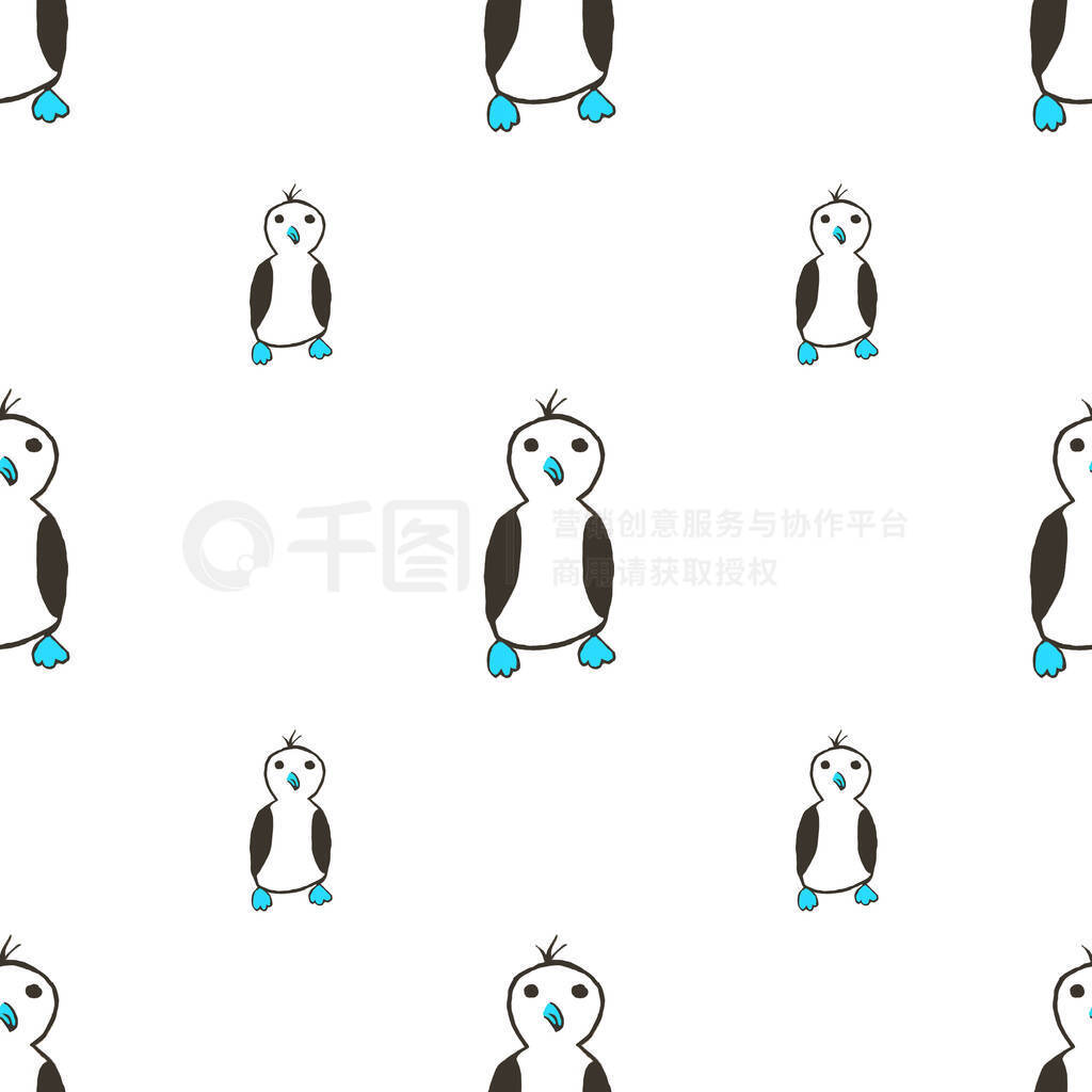 Seamless pattern with simple primitive penguin, childish style,