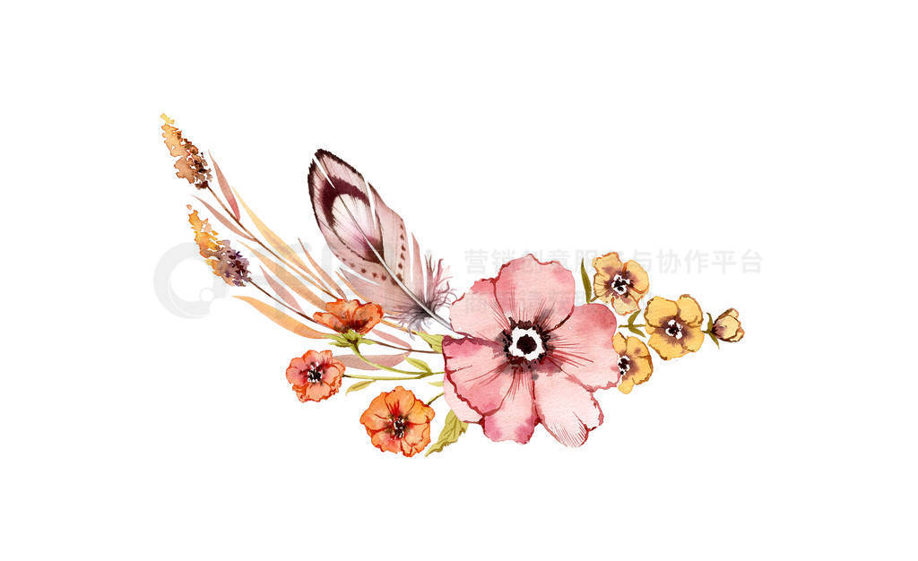 Watercolor rustic floral composition. Pink and golden wild flowe