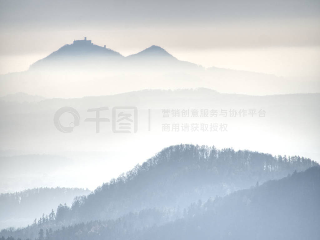 Blue mist above rounded hills in Landscape.
