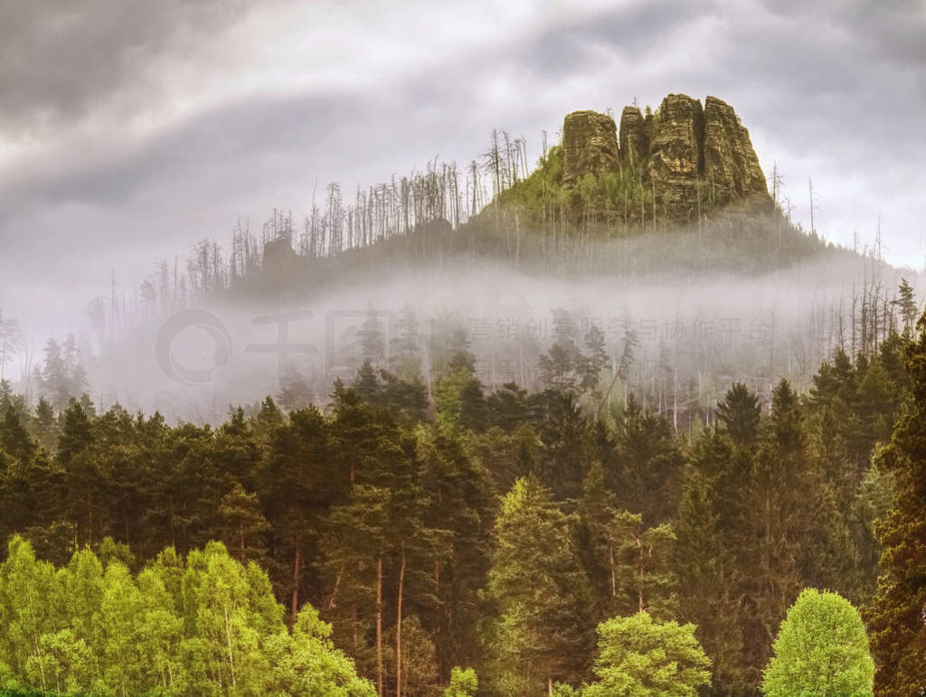 Morning mist in the mountain peaks on natural landscape.