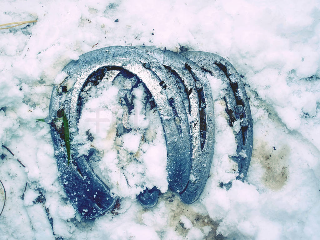Old wornout rusted horseshoe lying on snow.