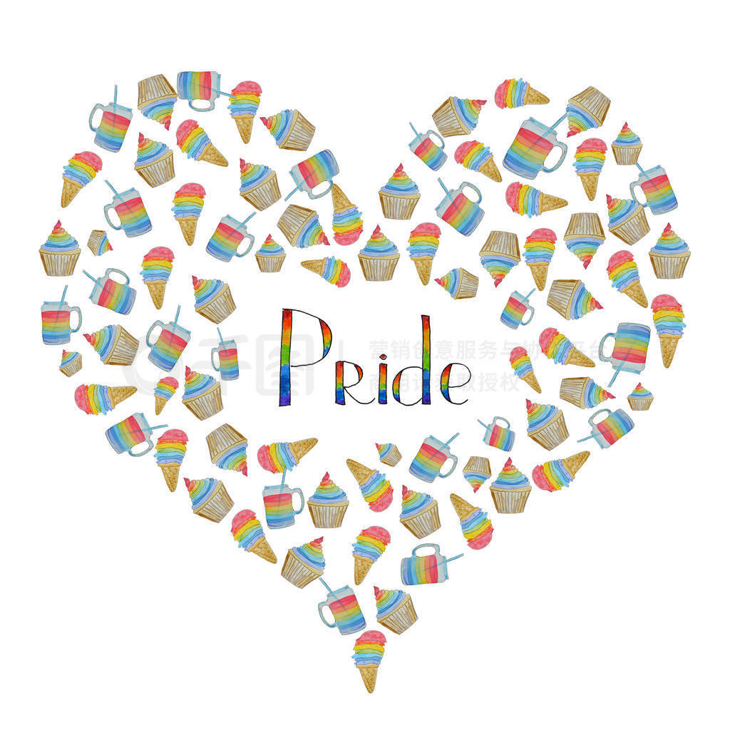 Rainbow heart hand drawn watercolor LGBT Pride design elements.