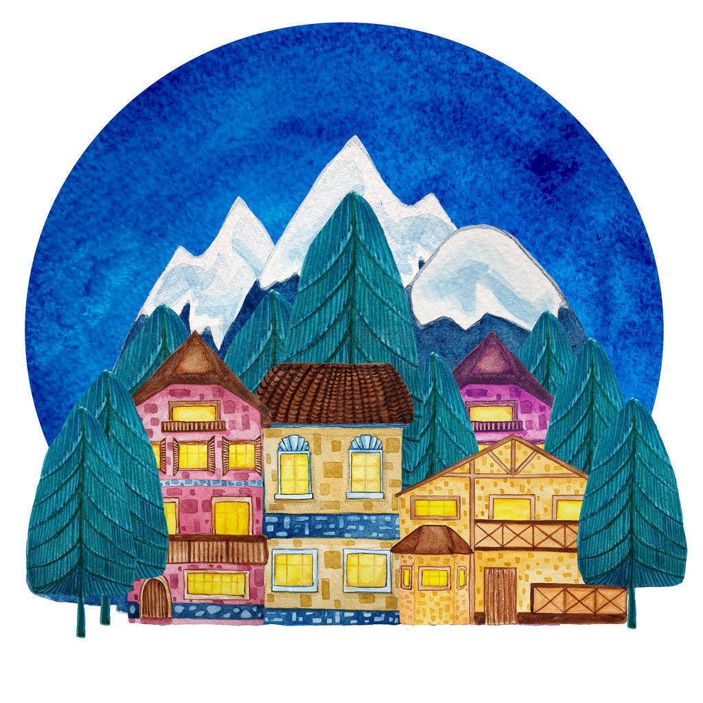 Watercolor hand drawn houses and mountains, pine trees.