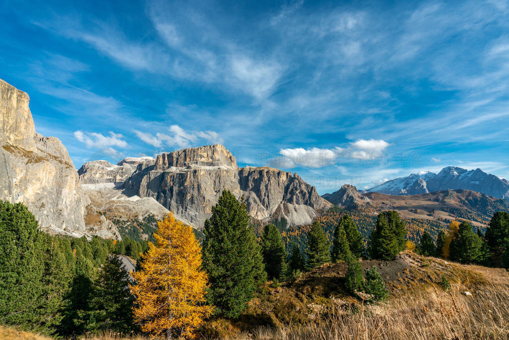 The Sass Pordoi mountain of the Sella massif on a bright autumn