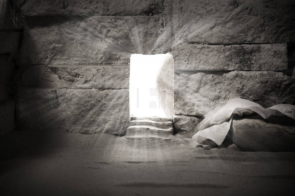 Empty tomb while light shines from the outside. Jesus Christ Res