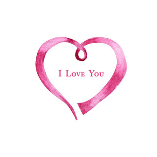水彩丝带心形图标贺卡概念。白色背景上的手绘红粉爱心。婚礼或情人节横幅，海报设计有文字“我爱你”
