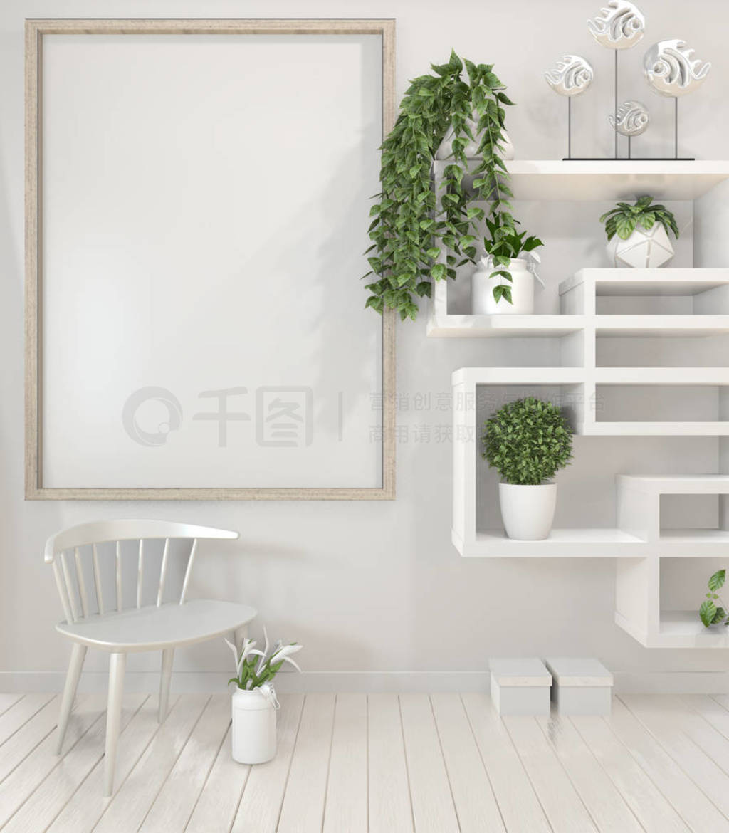 Mock up poster frame and cabinet and decoration plants on white