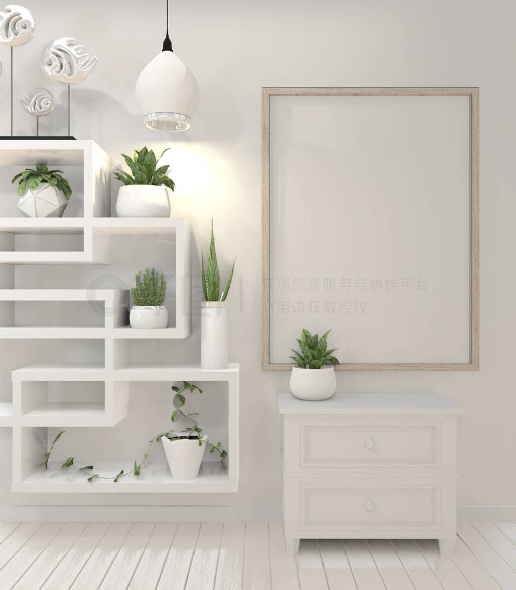 Mock up poster frame and cabinet and decoration plants on white