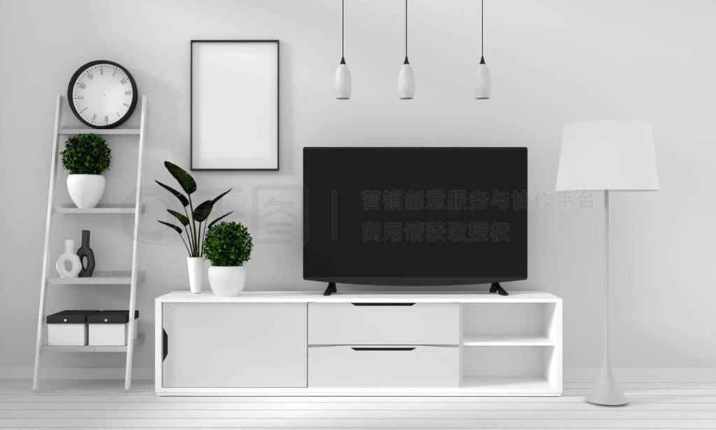 TV on cabinet in modern living room with lamp,cabinet,frame and