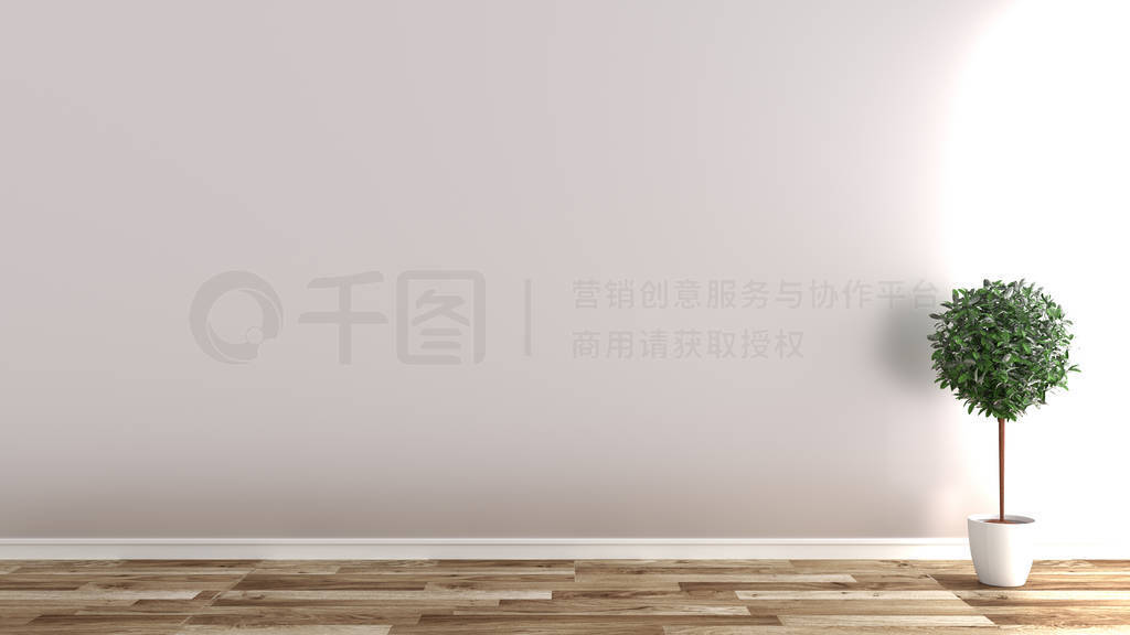 Empty room with plants on wooden floor, white wall background .3
