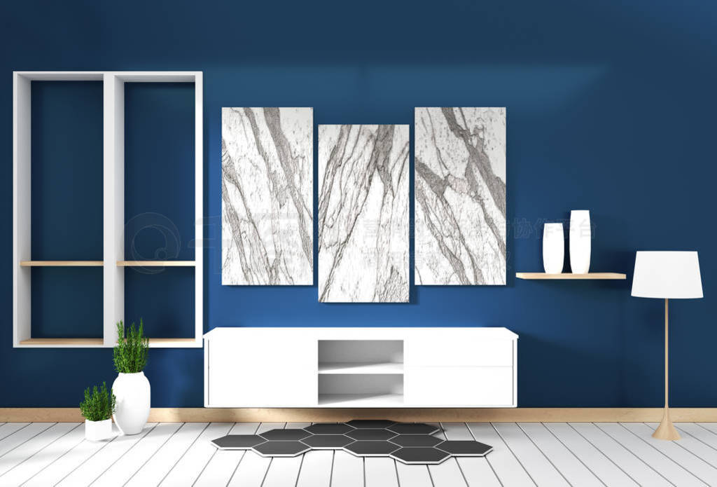 cabinet design, modern living room with dark blue wall on white
