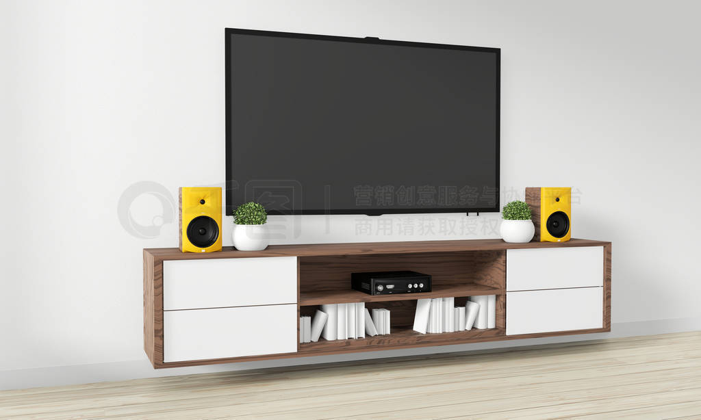 TV on Cabinet Wooden design in modern empty room Japanese - zen