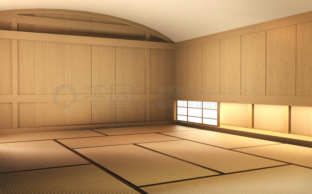 Empty room wood on wooden floor japanese interior design.3D rend