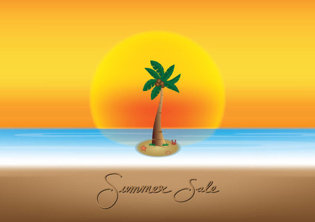 夏季促销季节与椰子树, 日落和海 b