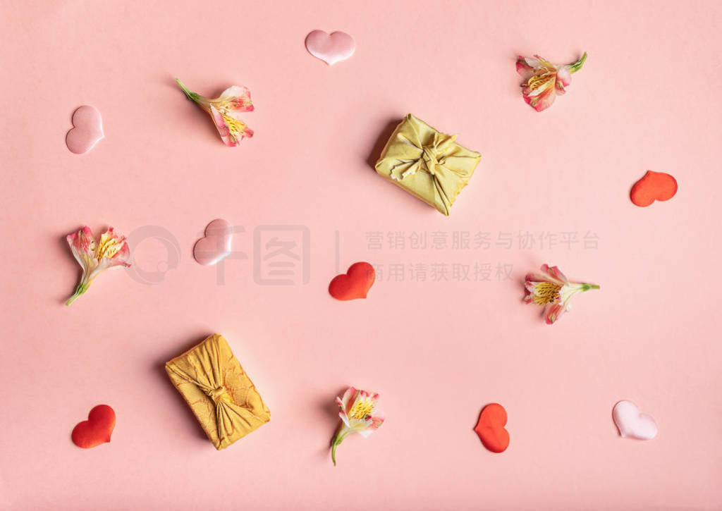 Valentines day background of trendy wrapped in Furoshiki techniq