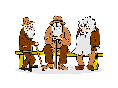 搞笑三位老人坐在长椅上老人用帽子和手杖