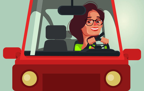 快乐微笑女人性格驾驶汽车。矢量平面卡通插画