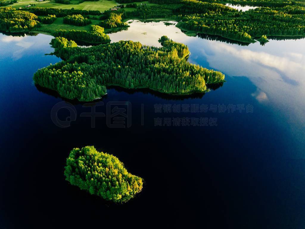 Aerial view of blue lakes and green forests on a sunny summer da