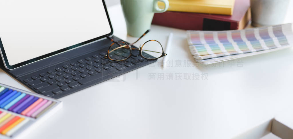 Cropped shot of modern graphic designer workplace with blank scr