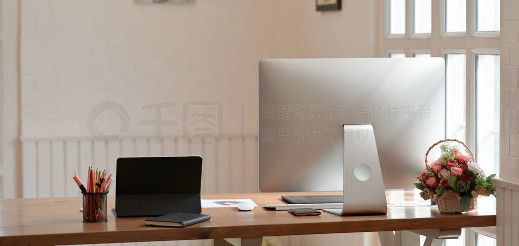 Close-up view of comfortable office room with desktop computer a