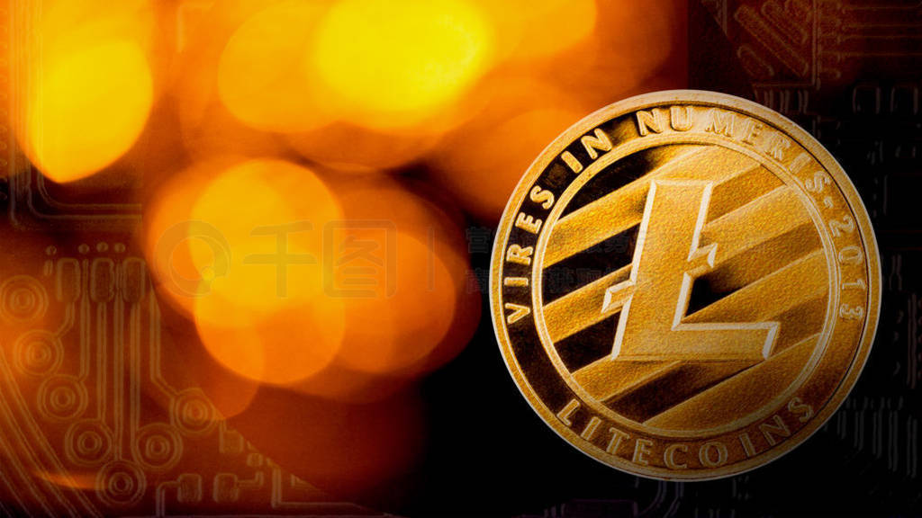 Golden Litecoin coin on bitcoin coin backside pattern and light