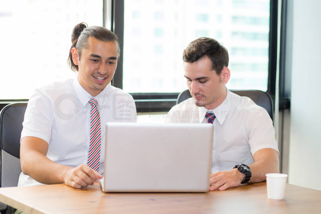 American people business two young caucasian modern man sitting