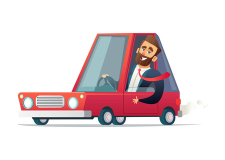 快乐的商人开着一辆红色的小汽车。矢量卡通插画