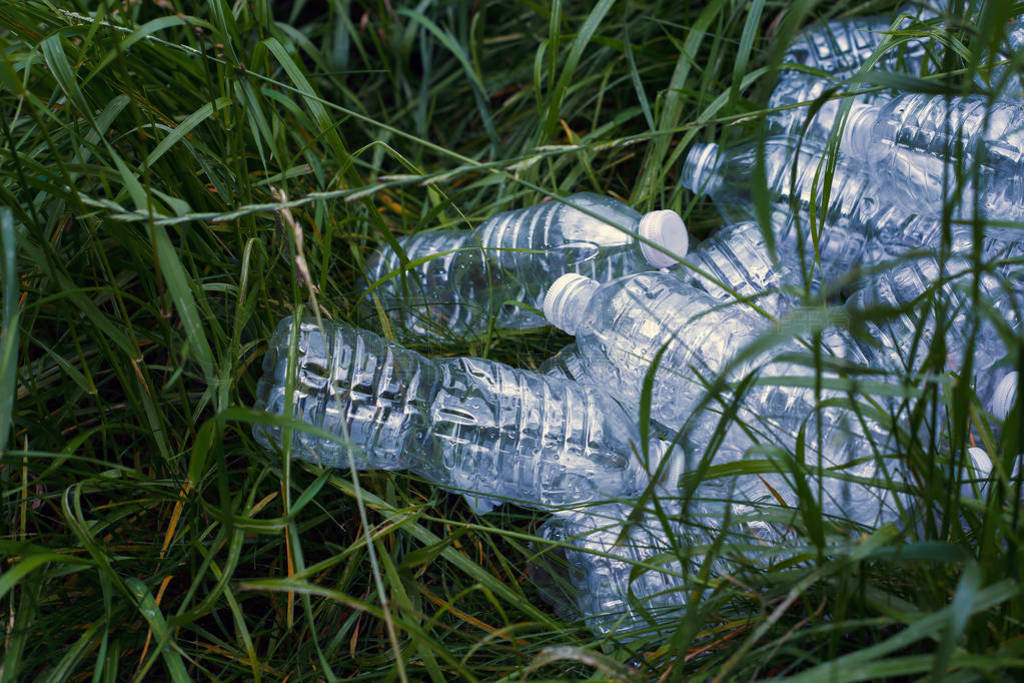 Ecology concept. Plastic bottles in the green grass.