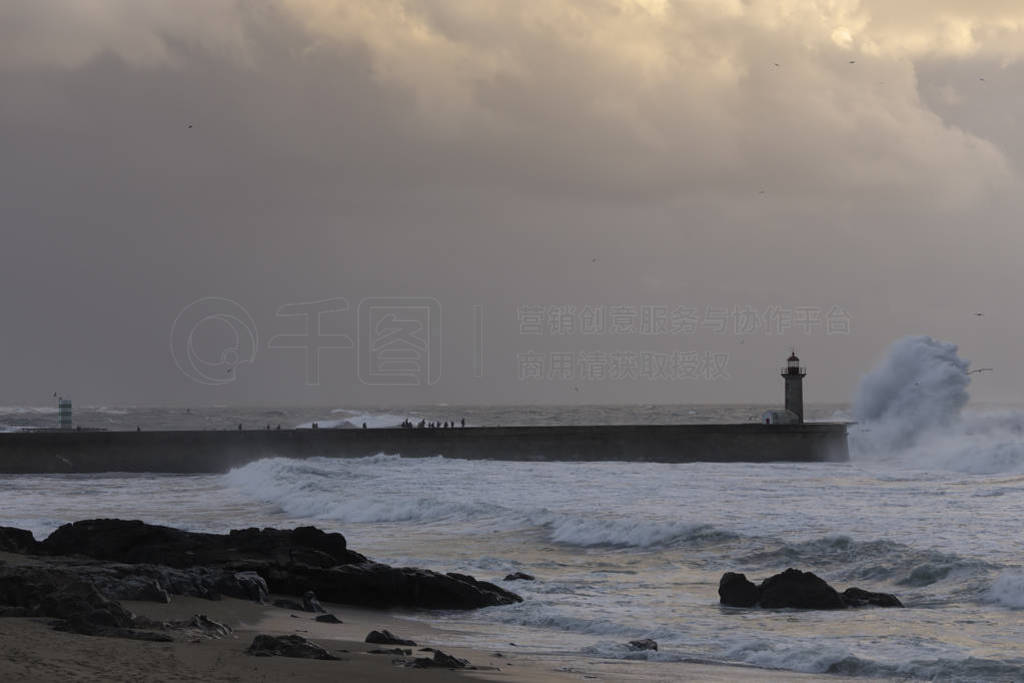 Wide view of Douro river mouth piers and lighthouses