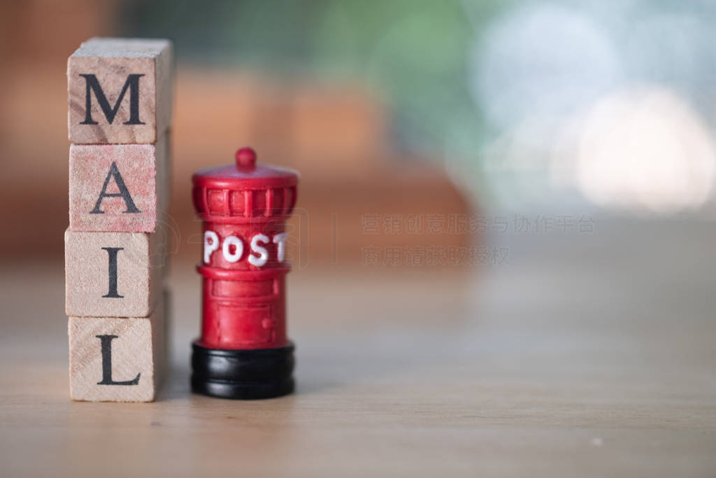 Wood block MAIL and miniature red toy post box