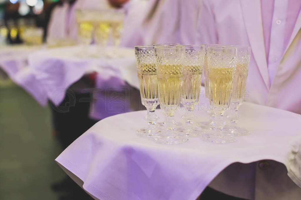 View of alcohol setting on catering banquet table, row line of d