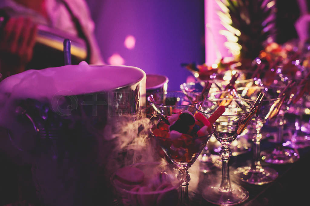 View of alcohol setting on catering banquet table, row line of d