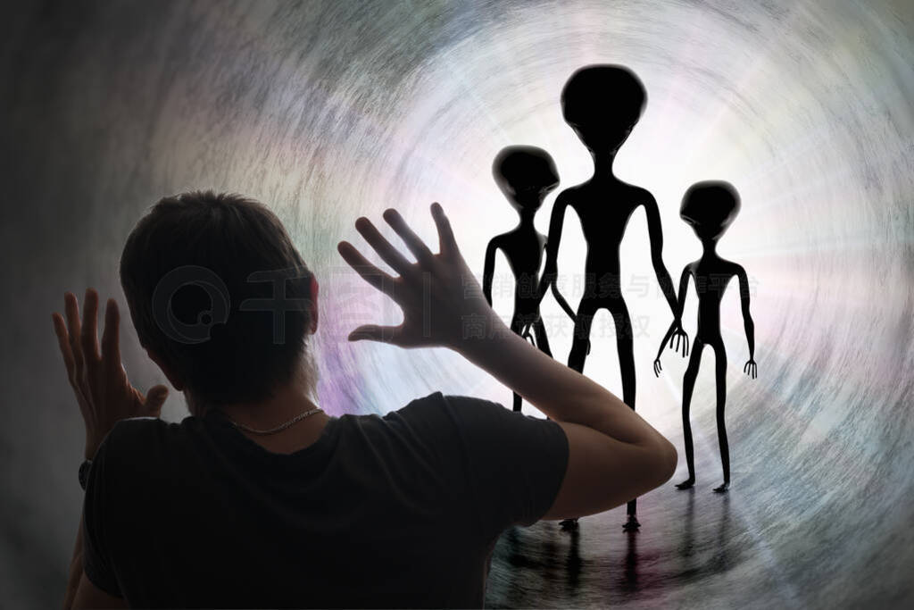 Man is scared of silhouettes of aliens in tunnel. Abduction and