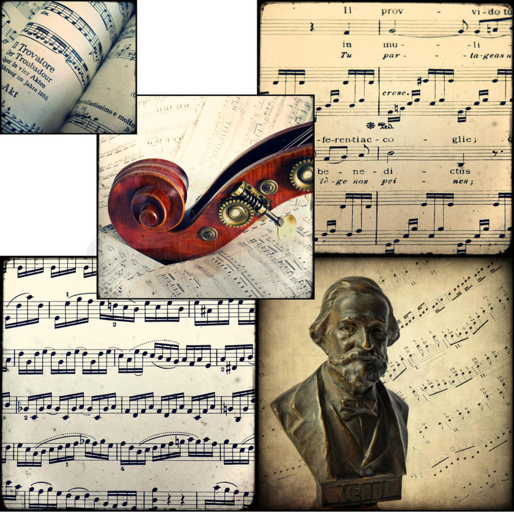 Collage of photographs depicting musical scores
