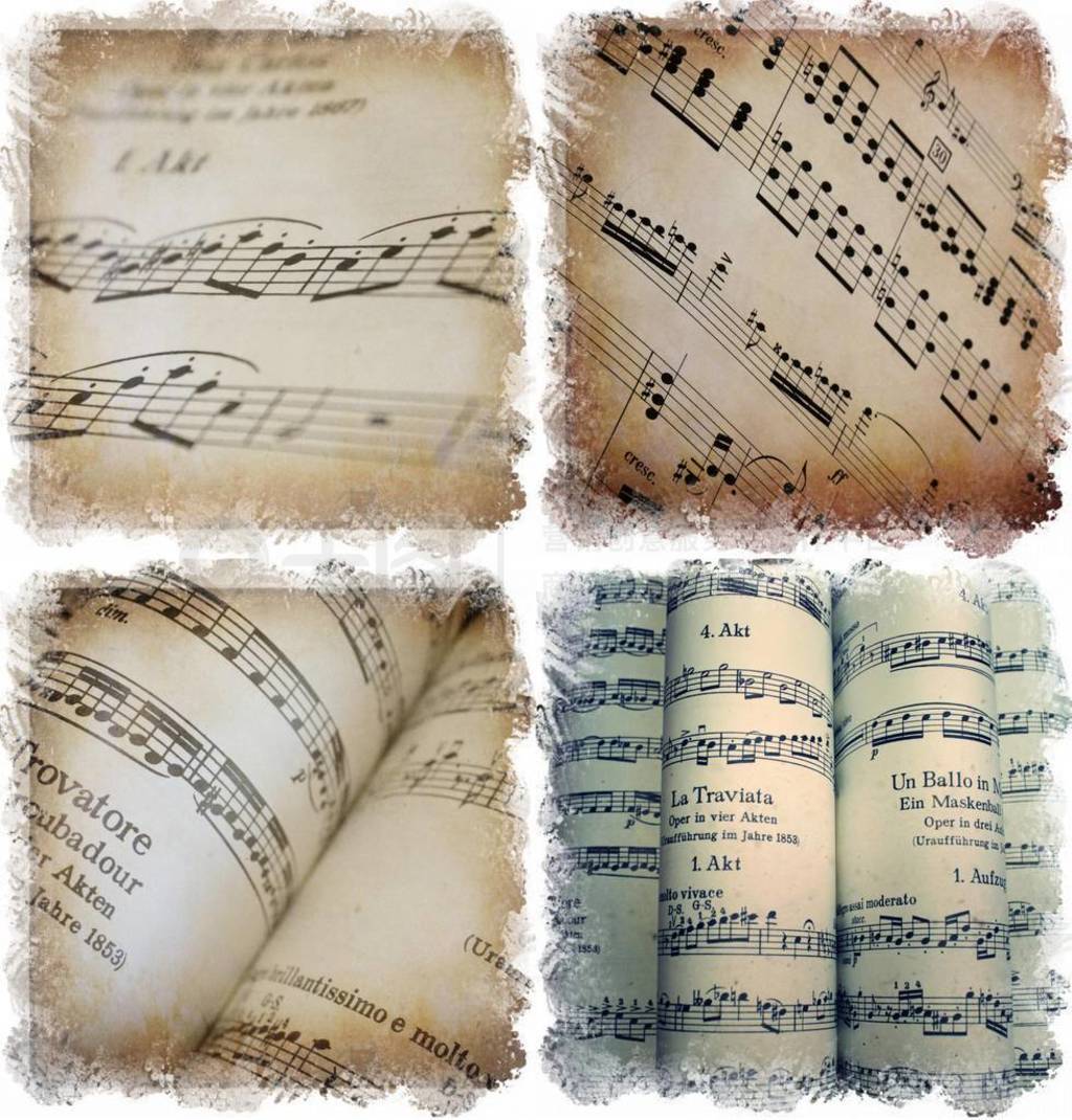 Collage of photographs depicting musical scores