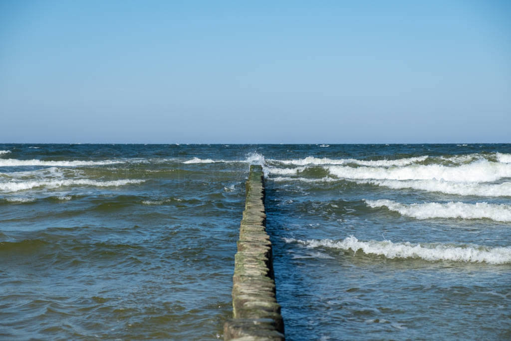 View to the Baltic Sea with its groynes at the beach of Zempin.