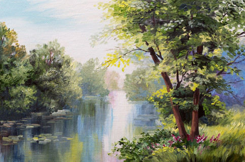 油画风景-湖在森林中，夏季的一天